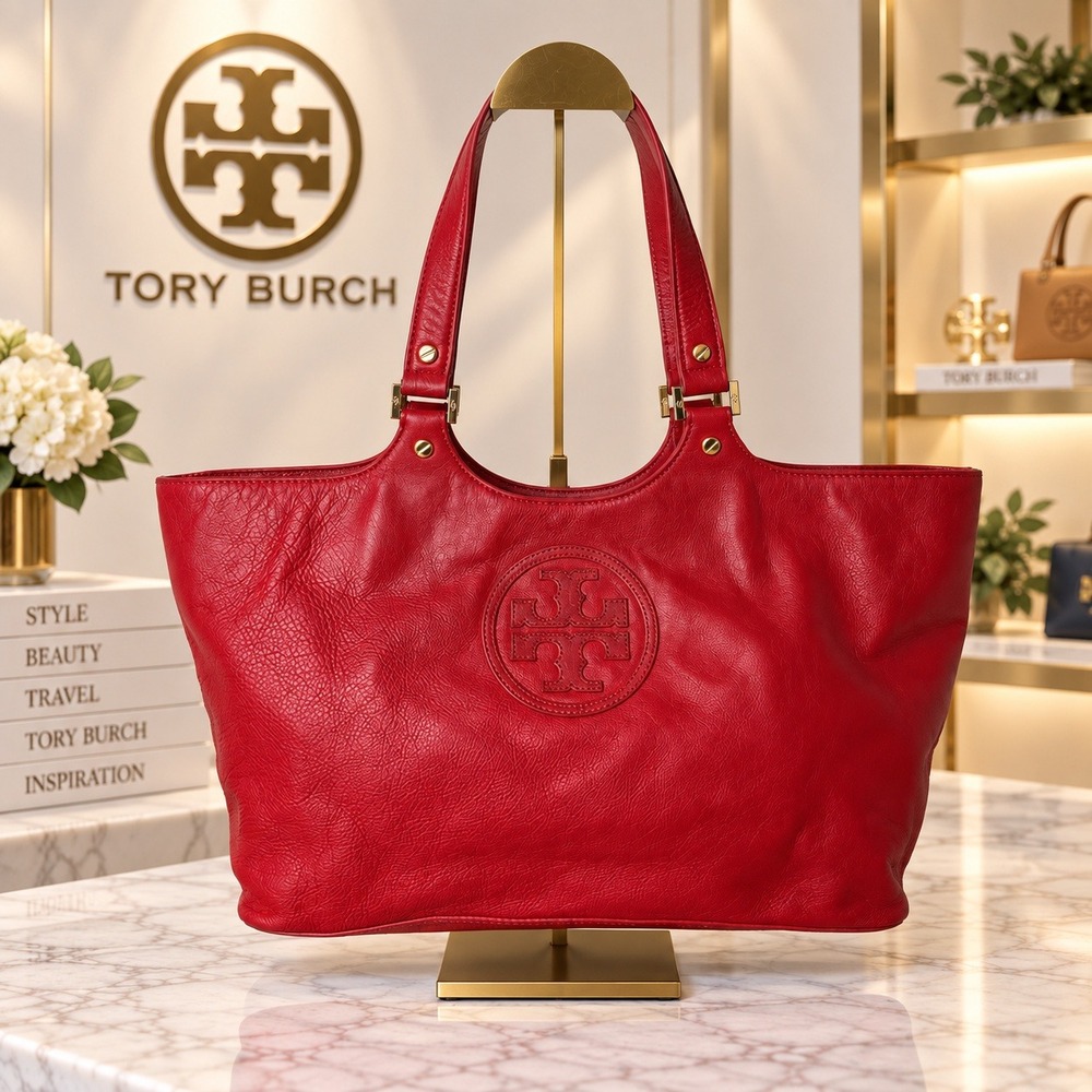 Tory Burch Amanda Classic Red Pebbled Leather Tote Bag Gold Hardware